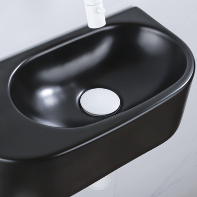 QeramiQ Fuente Ensemble de Lavabo - 40x21.5x12cm - lisse - demi-rond - céramique - ensemble de robinet blanc mat - bouchon de vidange - siphon abaissé - noir mat
