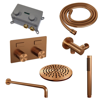 Brauer Copper Carving Douche pluie encastrable - thermostatique - boutons poussoirs - SET 51 - pommeau 20cm - bras mural courbé - douchette stick - flexible - coude mural - Cuivre brossé PVD