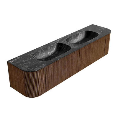 MONDIAZ KURVE-DLUX 190cm Meuble salle de bain avec module 25 G et D - couleur Walnut - 2 tiroirs - 2 portes - vasque STOR SMALL double - sans trou de robinet - couleur Lava