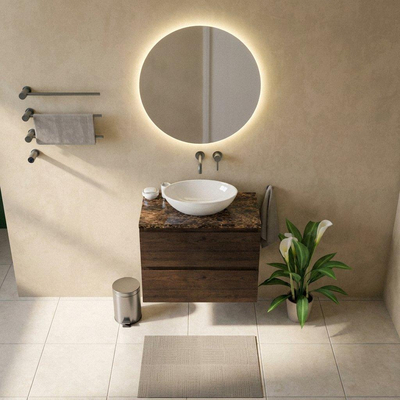 Saniclass Holz Pure Ensemble meuble de salle de bains - 80x45x63cm - Plan de travail en pierre naturelle Noche dark emperador - sans trou de robinet - 2 tiroirs - chêne charcoal mat (bois)