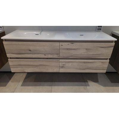 BRAUER Solution Wastafelonderkast - 140x46x50cm - 4 softclose greeploze lades - 2 sifonuitsparing - MFC - Birch inclusief BRAUER Furiosa Meubelwastafel 2 wasbakken zonder kraangaten Finestone glanzend wit - OUTLET UDEN