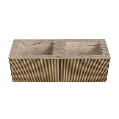 MONDIAZ KURVE-DLUX Meuble de salle de bains 130cm couleur Dusk avec 2 tiroirs et 0 porte. Lavabo LEAF Double 2 trous de robinet Arena.