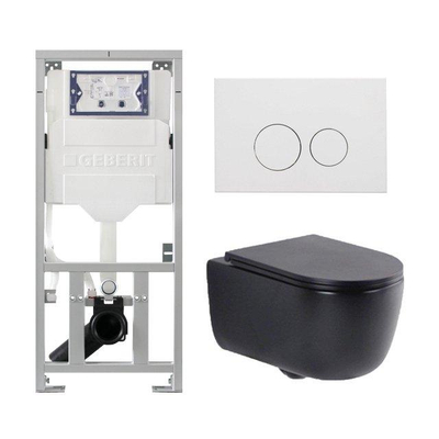 QeramiQ Dely Swirl Ensemble WC- 36.3x51.7cm - Réservoir encastré Geberit UP320 - abattant fin - Plaque de commande en métal blanc mat - Boutons ronds - Noir mat