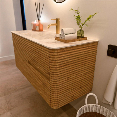 Mondiaz CIRO-DLUX Badkamermeubelset - 110x45x50cm - Solid surface wastafel Frappe - 1 wasbak Midden - 1 kraangat - 2 lades - Oak