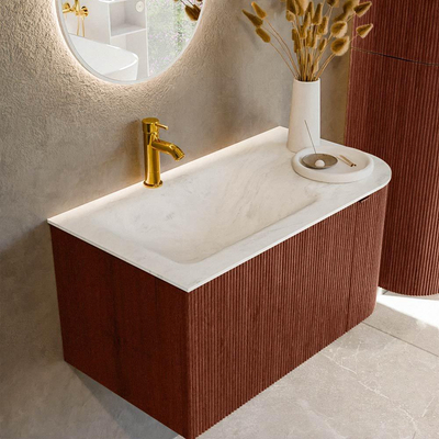 Mondiaz KURVE-DLUX Ensemble de meuble de salle de bains - 85x46x40cm - 1 tiroir - 1 porte - lavabo solid surface - gauche - 1 trou de robinet - Ruby
