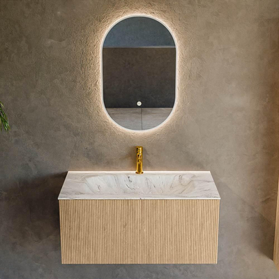 MONDIAZ KURVE-DLUX 90cm Meuble salle de bain - couleur Oak - 1 tiroir - vasque BIG SMALL centre - 1 trou de robinet - couleur Glace