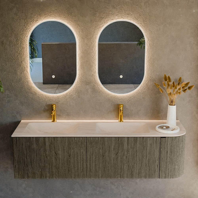 MONDIAZ KURVE-DLUX Meuble de salle de bains 155cm arrondi à droite couleur Shadow avec 2 tiroirs et 1 porte. Lavabo LEAF Double / à gauche 2 trous de robinet Meli.