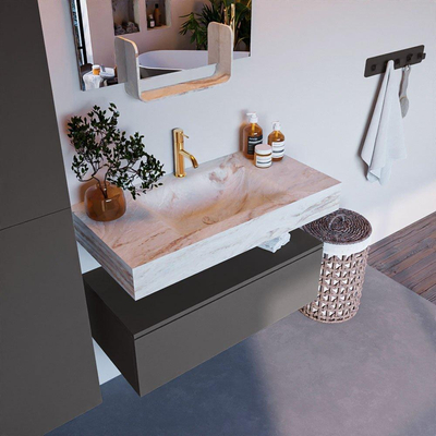 Mondiaz ALAN-DLUX Ensemble de meuble - 90cm - meuble Dark grey mat - 1 tiroir - Lavabo Cloud Frappe suspendu - vasque Centre - 1 trou de robinet