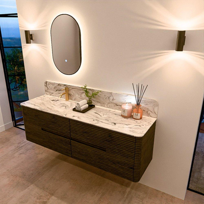 Mondiaz CIRO-DLUX Badkamermeubelset - 160x45x50cm - Solid surface wastafel Glace - 1 wasbak Links - 1 kraangat - 4 lades - Shadow
