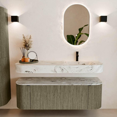 MONDIAZ THOR-DLUX 140cm meuble de salle de bains arrondi gauche + droite couleur Shadow avec 1 tiroir et 2 portes. Vasque suspendue CLOUD Droite 1 trou de robinet couleur Glace.