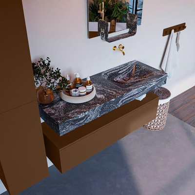 Mondiaz ALAN-DLUX Ensemble de meuble - 130cm - meuble Rust mat - 1 tiroir - Lavabo Cloud Lava suspendu - vasque Droite - 0 trous de robinet