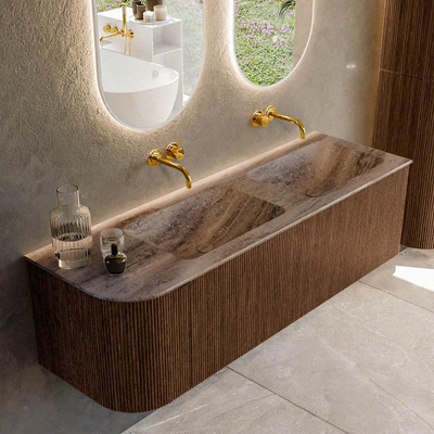 MONDIAZ KURVE-DLUX meuble de salle de bains 145cm arrondi à gauche couleur Walnut avec 1 tiroir et 1 porte. Lavabo LEAF Double / Droite sans trou de robinet Oza.
