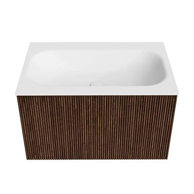 MONDIAZ KURVE Meuble de salle de bains 70 cm couleur Walnut avec 1 tiroir. Lavabo BIG SMALL centré sans trou de robinet Talc.