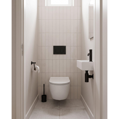 Pack WC QeramiQ Dely Swirl Compact - réservoir encastrable Geberit UP320 - avec bâti-support Burda - abattant 25 mm - plaque de commande en plastique noir mat - boutons rectangulaires - blanc brillant