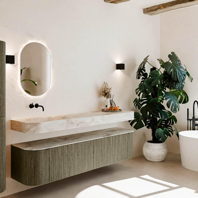 MONDIAZ THOR-DLUX 190cm meuble de salle de bains arrondi gauche + droite couleur Shadow avec 2 tiroirs et 2 portes. Vasque suspendue CLOUD gauche sans trou de robinet couleur Frappe.