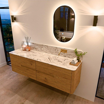 Mondiaz CIRO-DLUX Meuble de salle de bains - 170x45x50cm - Plan vasque solid surface Glace - 1 lavabo à droite - sans trous de robinetterie - 4 tiroirs - Chêne