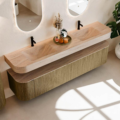 MONDIAZ THOR-DLUX 200cm meuble de salle de bains arrondi gauche + droite couleur Dusk avec 2 tiroirs et 2 portes. Vasque suspendue CLOUD Double 2 trous de robinet couleur Saba.