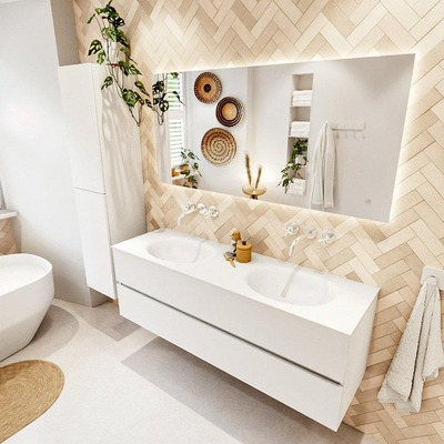 MONDIAZ VICA meuble sous lavabo 150cm Talc 2 tiroirs. Lavabo MOON double sans trou de robinet, couleur Talc.