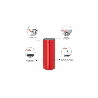 Brabantia Touch Bin Poubelle - 30 litres - seau intérieur en plastique - passion red