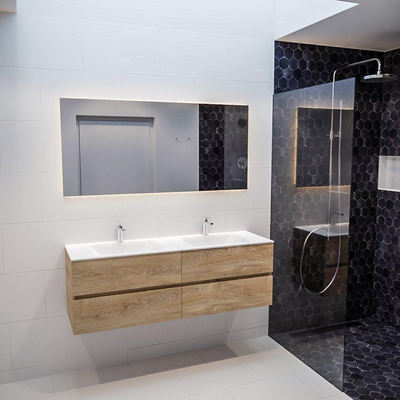 MONDIAZ VICA Ensemble meuble de salle de bains - 150cm - 4 tiroirs - lavabo Cloud double - 2 trous de robinetterie - solid surface chêne blanchi