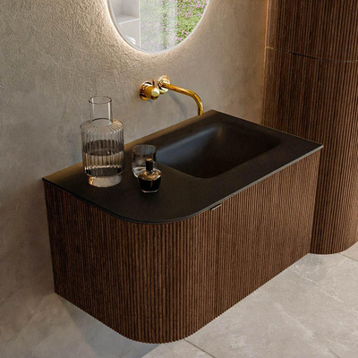 MONDIAZ KURVE 75cm badmeubel met module 25 L kleur Walnut met 1 lade en 1 deur. Wastafel GRUNNE rechts zonder kraangat Urban.