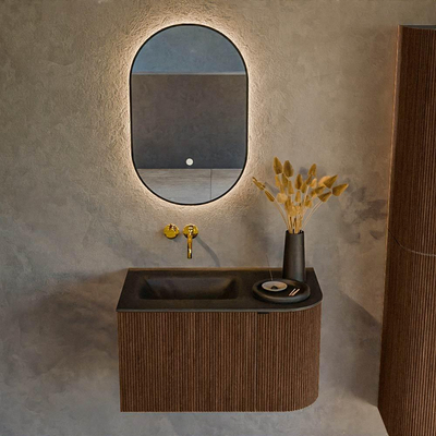 MONDIAZ KURVE 75cm badmeubel met module 25 R kleur Walnut met 1 lade en 1 deur. Wastafel GRUNNE links zonder kraangat Urban.