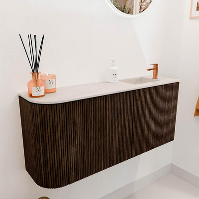 Mondiaz JOYA-DLUX 91.6cm toiletmeubel - ronding links kleur Walnut - Wastafel FAYE positie Rechts 1 kraangat kleur Meli.