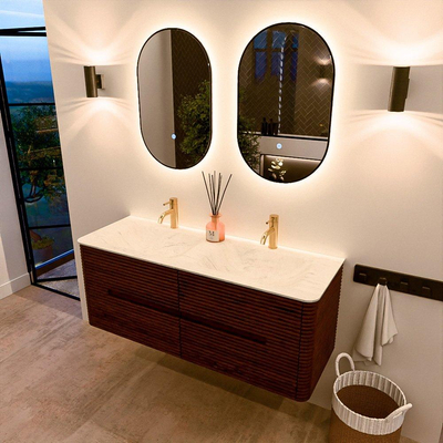 Mondiaz CIRO-DLUX Meuble de salle de bains - 130x45x50cm - Plan vasque Solid surface Opalo - 2 vasques Double - 2 trous de robinet - 4 tiroirs - Ruby