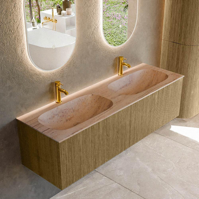MONDIAZ KURVE-DLUX Meuble de salle de bains 150 cm couleur Dusk avec 2 tiroirs et 0 portes. Lavabo STOR SMALL Double 2 trous de robinet Saba.