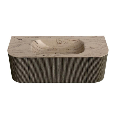 MONDIAZ KURVE-DLUX Meuble de salle de bains 120cm arrondi gauche + droite couleur Shadow avec 1 tiroir et 2 portes. Lavabo BIG SMALL central sans trou de robinet Arena.