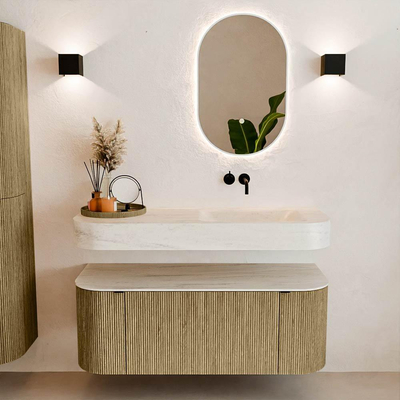 MONDIAZ THOR-DLUX 120cm meuble de salle de bains arrondi gauche + droite couleur Dusk avec 1 tiroir et 2 portes. Vasque suspendue CLOUD Droite sans trou de robinet couleur Meli.