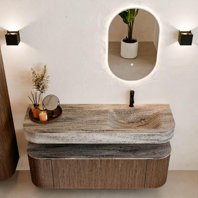 MONDIAZ THOR-DLUX Meuble de salle de bains 140cm arrondi gauche + droite couleur Walnut avec 1 tiroir et 2 portes. Vasque suspendue CLOUD Droite 1 trou de robinet couleur Oza.