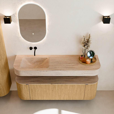 MONDIAZ THOR-DLUX 150cm badmeubel ronding links + rechts kleur Oak met 1 lade en 2 deuren. Vrijhangende wastafel CLOUD Links zonder kraangat kleur Saba.