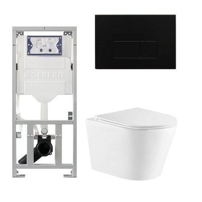 QeramiQ Dely Pack WC - 36.3x51.7cm - à fond creux - sans bride - réservoir WC attenant Geberit UP320 - abattant WC à fermeture douce - plaque de déclenchement noire mate - boutons rectangulaires - blanc brillant