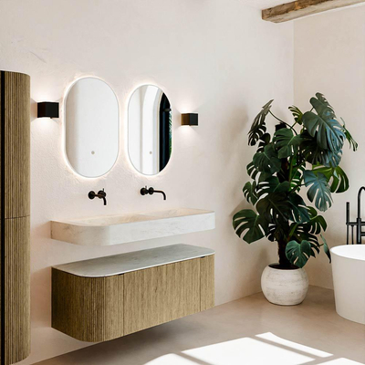 MONDIAZ THOR-DLUX Meuble de salle de bains - 120cm - arrondi gauche + droite - couleur Dusk - 1 tiroir - 2 portes - Vasque suspendue CLOUD Double sans trou de robinet - couleur Opalo