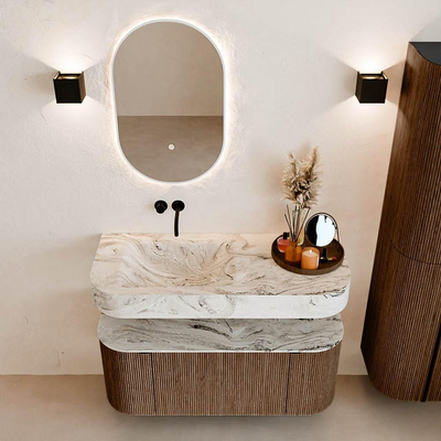 MONDIAZ THOR-DLUX 110cm badmeubel ronding links + rechts kleur Walnut met 1 lade en 2 deuren. Vrijhangende wastafel CLOUD Links zonder kraangat kleur Glace.