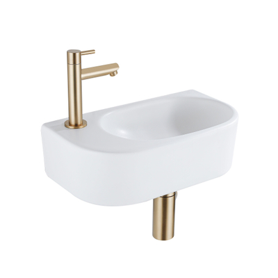 QeramiQ Fuente pack lave-mains – 40 x 21,5 x 12 cm – céramique blanc mat – perçage à gauche – robinet doré brossé