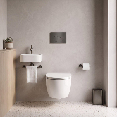 QeramiQ Dely Swirl Toiletset - 36.3x51.7cm - Geberit UP720 Duofix Sigma inbouwreservoir - slim zitting - bedieningsplaat gunmetal - ronde knoppen - glans wit