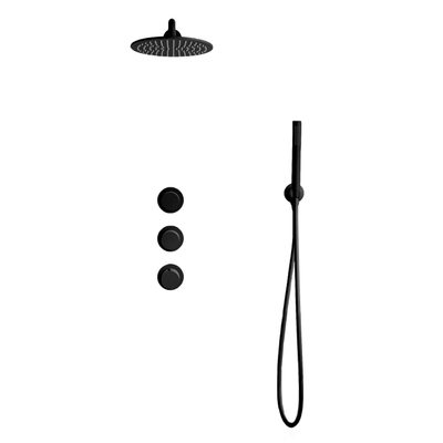 Fortifura Nebbio Ensemble de douche pluie - robinet encastré - élément encastré - coude mural de raccordement - flexible de douche lisse - douchette à main - bras mural 35cm - pomme de douche ronde - noir mat