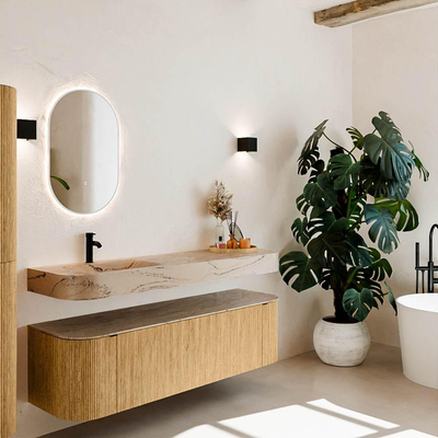 MONDIAZ THOR-DLUX 160cm meuble de salle de bains arrondi gauche + droite couleur Oak avec 1 tiroir et 2 portes. Vasque suspendue CLOUD Gauche 1 trou de robinet couleur Arena.