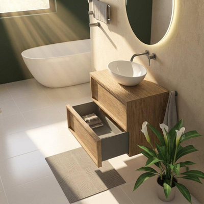 Saniclass Holz Frame Ensemble de meubles de salle de bains - 80x45x62cm - plan de travail en bois - sans trou de robinet - 2 tiroirs - chêne naturel mat (bois)