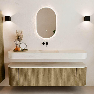 MONDIAZ THOR-DLUX Meuble de salle de bains 170cm arrondi gauche + droite couleur Dusk avec 1 tiroir et 2 portes. Vasque suspendue CLOUD Milieu sans trou de robinet couleur Meli.