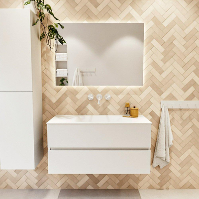 MONDIAZ VICA meuble sous lavabo 100cm Talc 2 tiroirs. Lavabo CLOUD milieu sans trou de robinet, couleur Talc.