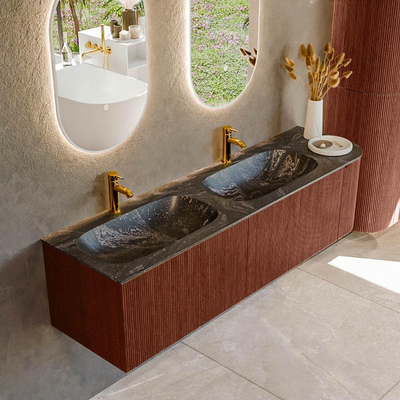 Mondiaz KURVE-DLUX Ensemble de meuble salle de bain - 165x46x40cm - 2 tiroirs - 1 porte - lavabo en solid surface - double / gauche - 2 trous de robinet - Ruby