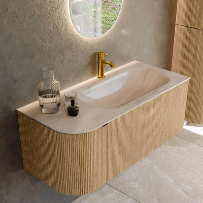 MONDIAZ KURVE-DLUX 105cm badmeubel ronding Links kleur Oak met 1 lade en 1 deur. Wastafel BIG SMALL Rechts 1 kraangat Meli.