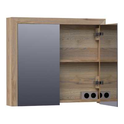 Saniclass Massief eiken Spiegelkast - 80x70x15cm - 2 links/rechtsdraaiende spiegeldeuren - Hout Vintage oak