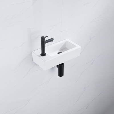 QeramiQ Fuente fonteinset – 37.5x18.5x9 cm – keramiek wit mat – kraangat links – mat zwarte kraan