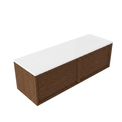 Saniclass Holz Frame Ensemble de meubles de salle de bains - 140x45x42.5cm - plan de travail Torino en solid surface blanc - sans trou de robinetterie - 2 tiroirs - noyer pur mat (bois)