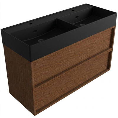 Saniclass Holz Frame Ensemble meuble de salle de bains - 120x45x72cm - Legend lavabo en céramique noir mat - 2 vasques - 2 trous de robinetterie - 2 tiroirs - walnut pure mat (bois)