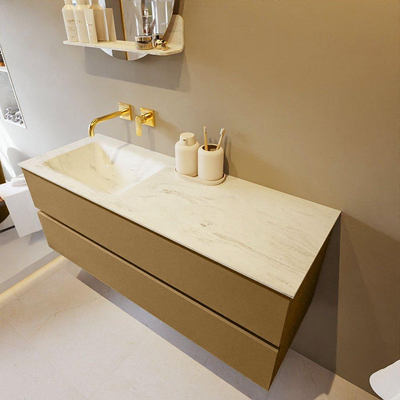 Mondiaz VICA-DLUX ensemble de meuble de salle de bain - 130cm - meuble sous-vasque oro - 2 tiroirs - lavabo encastré cloud gauche - sans trous de robinet - version haute de 60cm - opalo